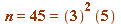 `and`(n = 45, 45 = `+`(`*`(5, `*`(`^`(3, 2)))))