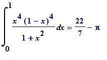 Int(x^4*(1-x)^4/(1+x^2),x = 0 .. 1) = 22/7-Pi